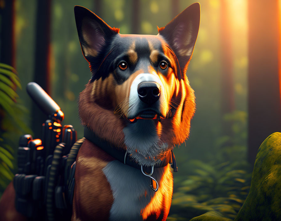 Vigilant Dog with Futuristic Gear in Forest Setting