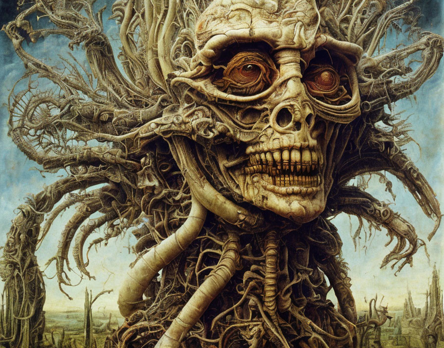 Detailed surreal painting: Skull-like face with branches in desolate landscape