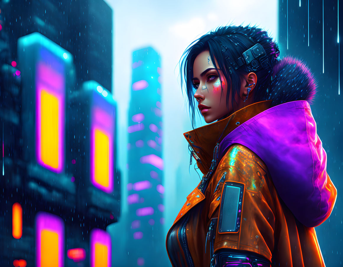 Cyberpunk digital art: Woman in rain with neon cityscape.