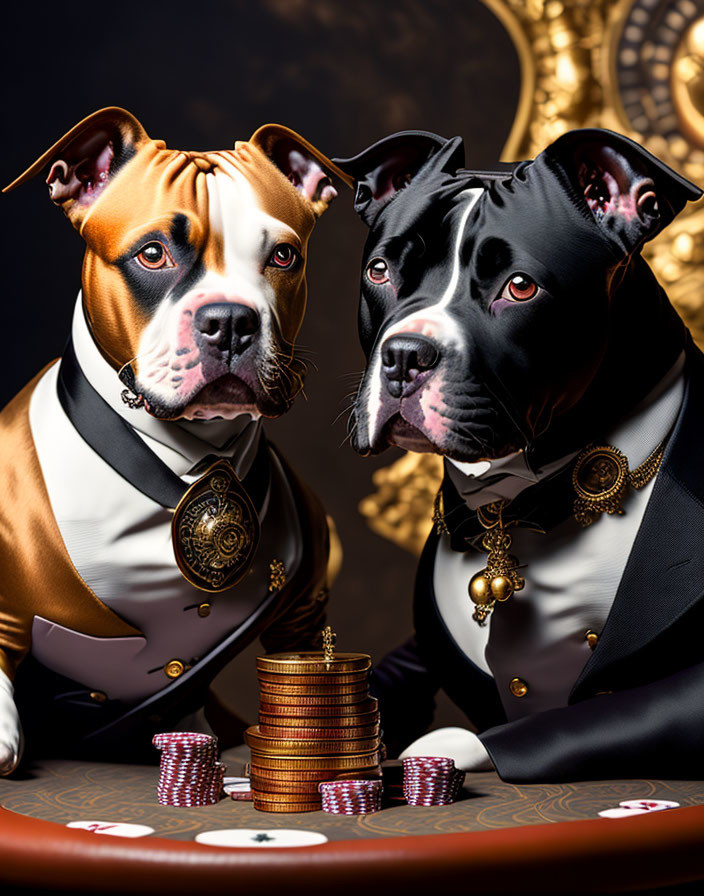 Two dogs in suits at a poker table with gold-themed decor