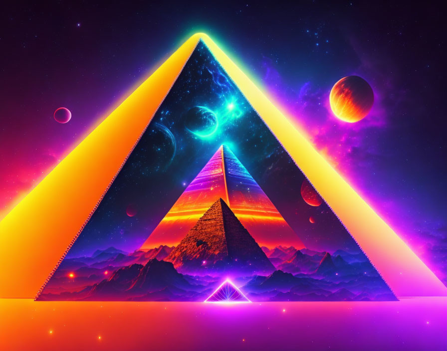 Neon pyramid in cosmic scene with planets and starry sky