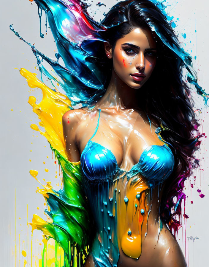 Colorful Artwork: Woman with Flowing Hair in Abstract Realism