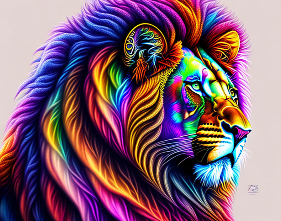 Colorful Lion Artwork with Rainbow Mane & Detailed Features