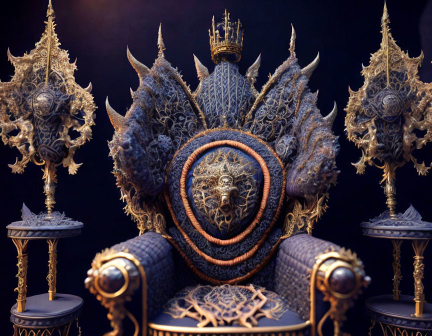 Intricate Gothic throne with metallic designs and skull centerpiece