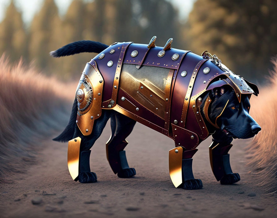 Stylized armored dog walking on dirt path among trees