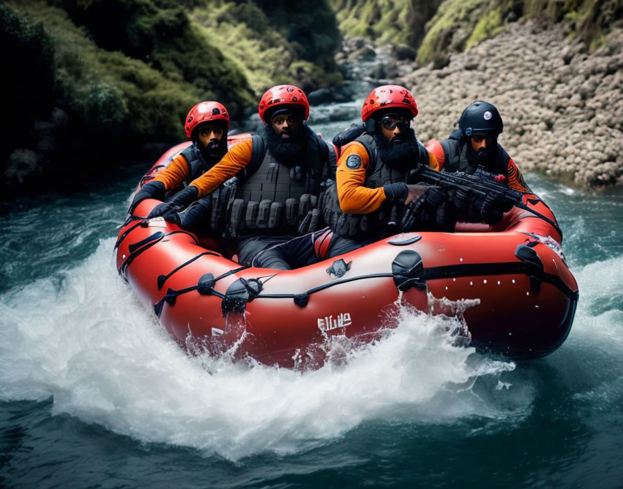 Group in helmets and life vests white water rafting in turbulent canyon