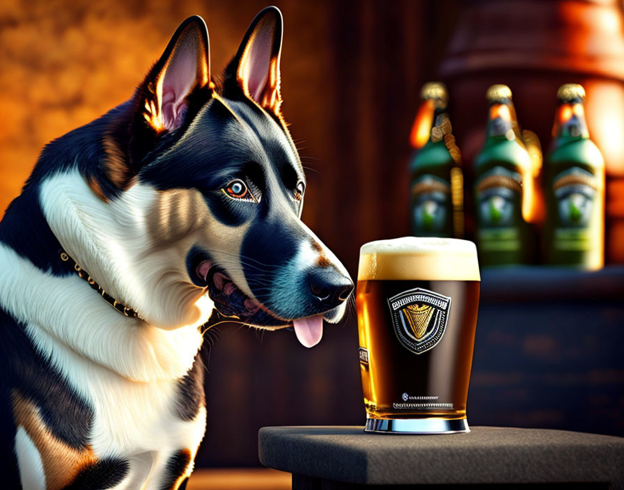 Tricolor dog with perked ears next to beer glass and bottles