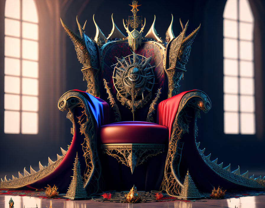 Gothic-style throne with spiky decorations in grand room