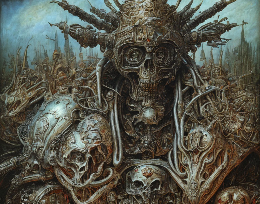 Detailed Fantasy Painting: Skull-Faced Figure with Mechanical and Bone Elements in Dark Landscape