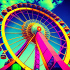 Vivid Psychedelic Ferris Wheel Photo with Bright Teal Sky