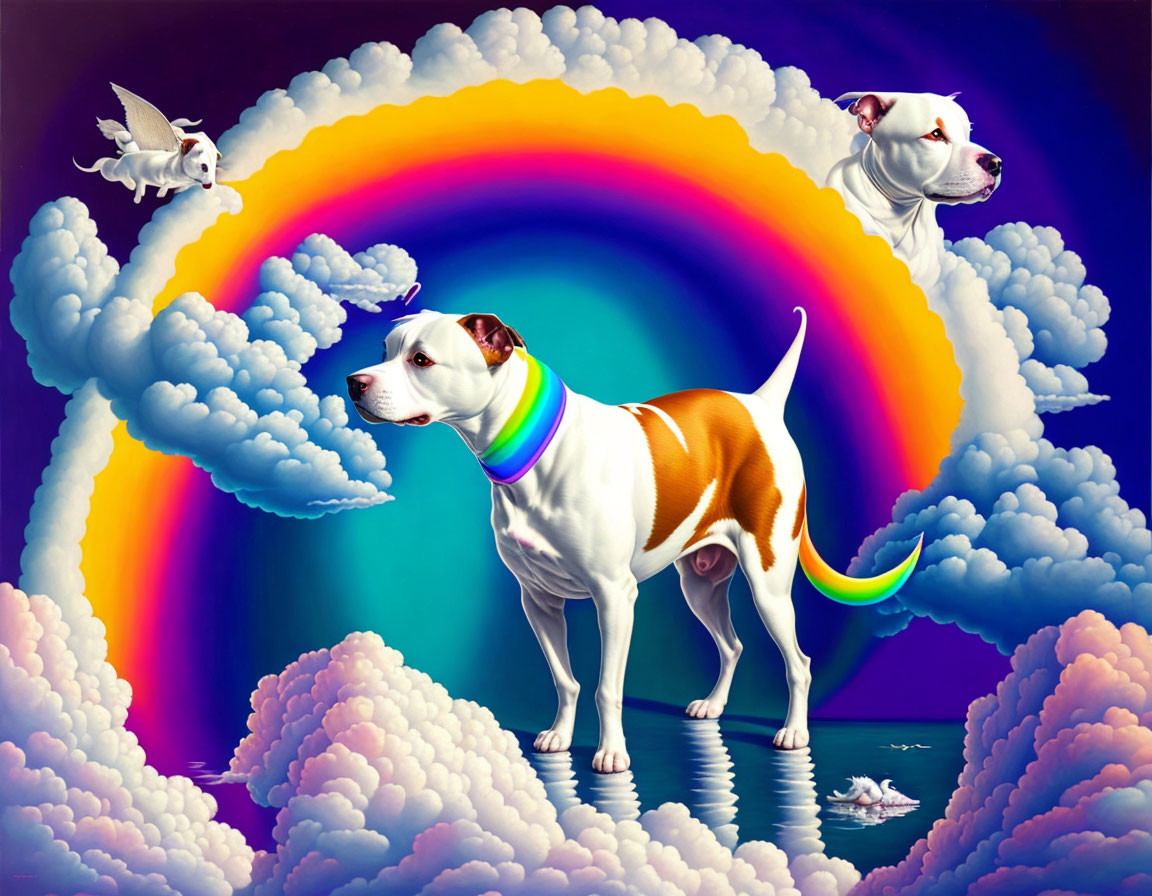 Colorful dog illustration with rainbow tail and flying companion on clouds.