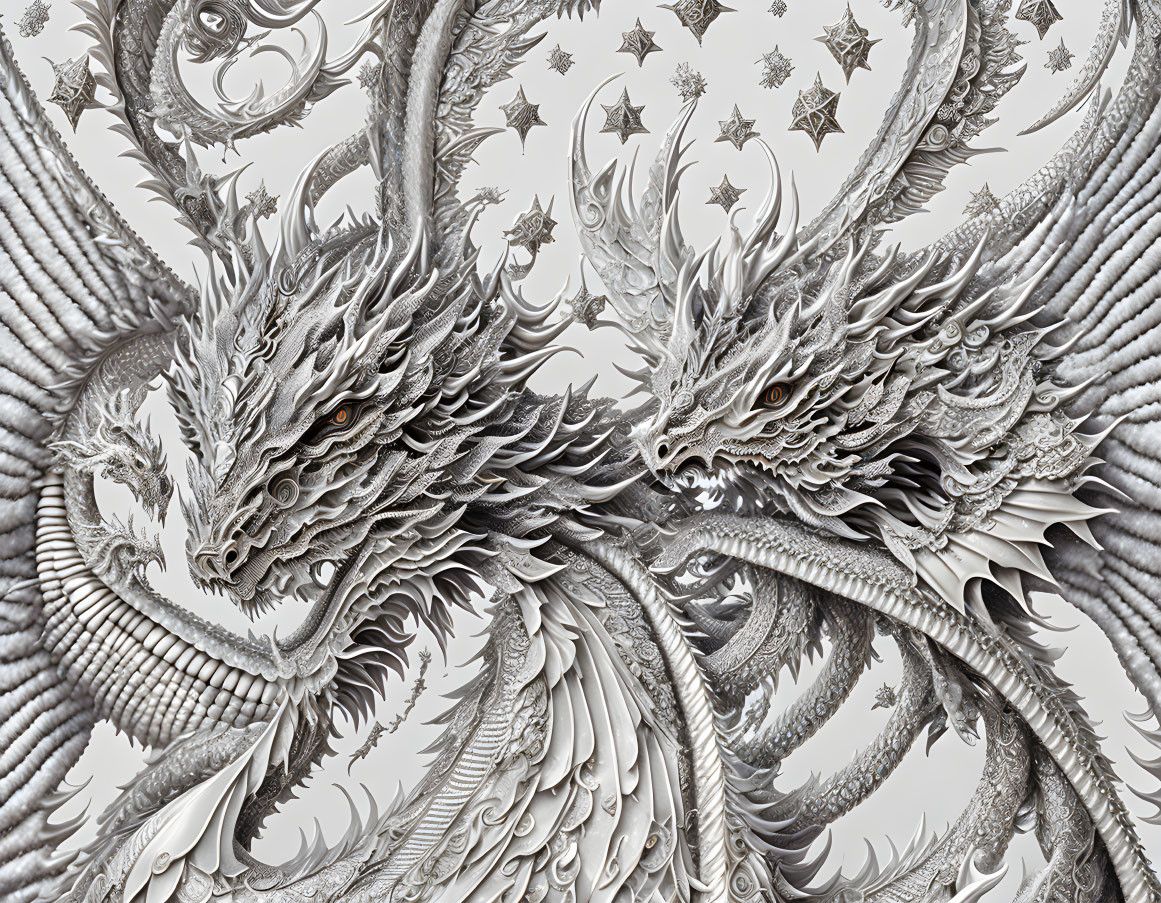 Detailed grayscale dragon illustration with intricate scales and feathers on a starry background