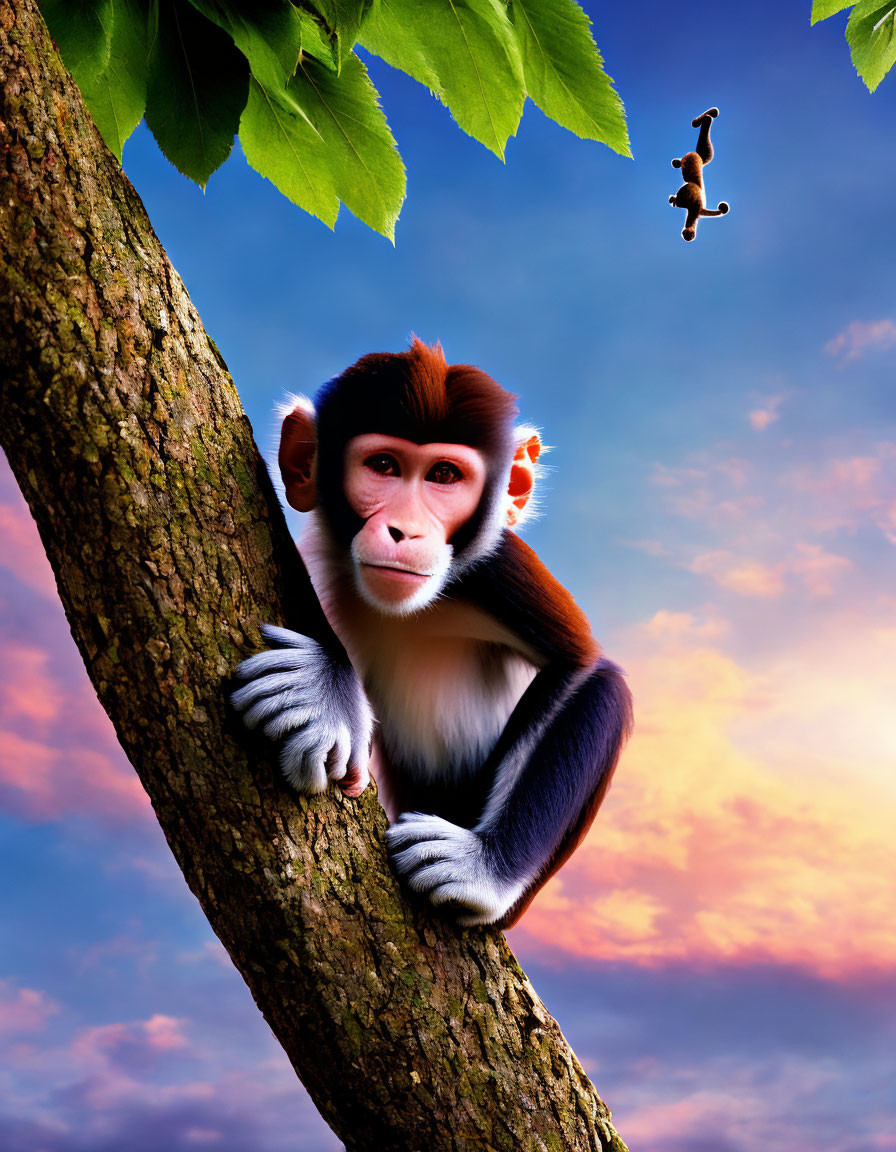 Monkey with human-like features climbing tree at sunset, observing wooden toy puzzle