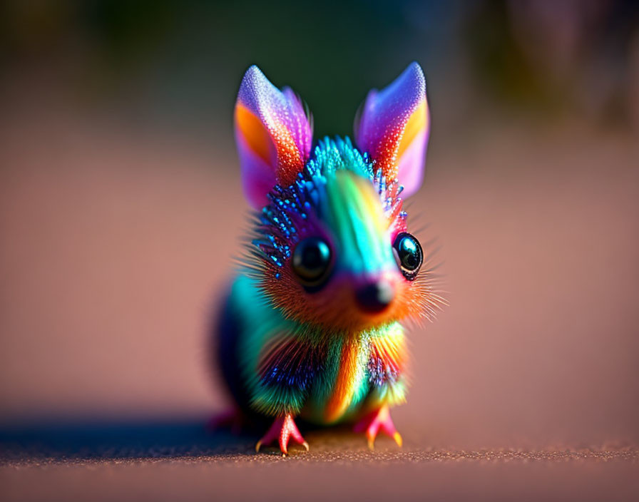 Colorful Fantastical Creature with Large Eyes and Iridescent Ears Against Soft-focus Background