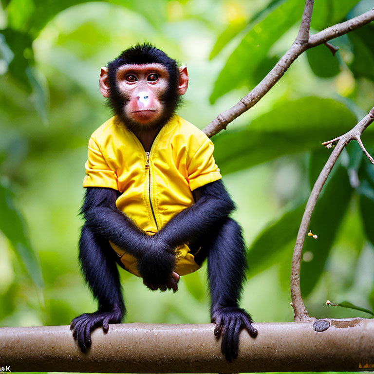 Yellow-jacketed monkey on branch gazes at camera among green leaves