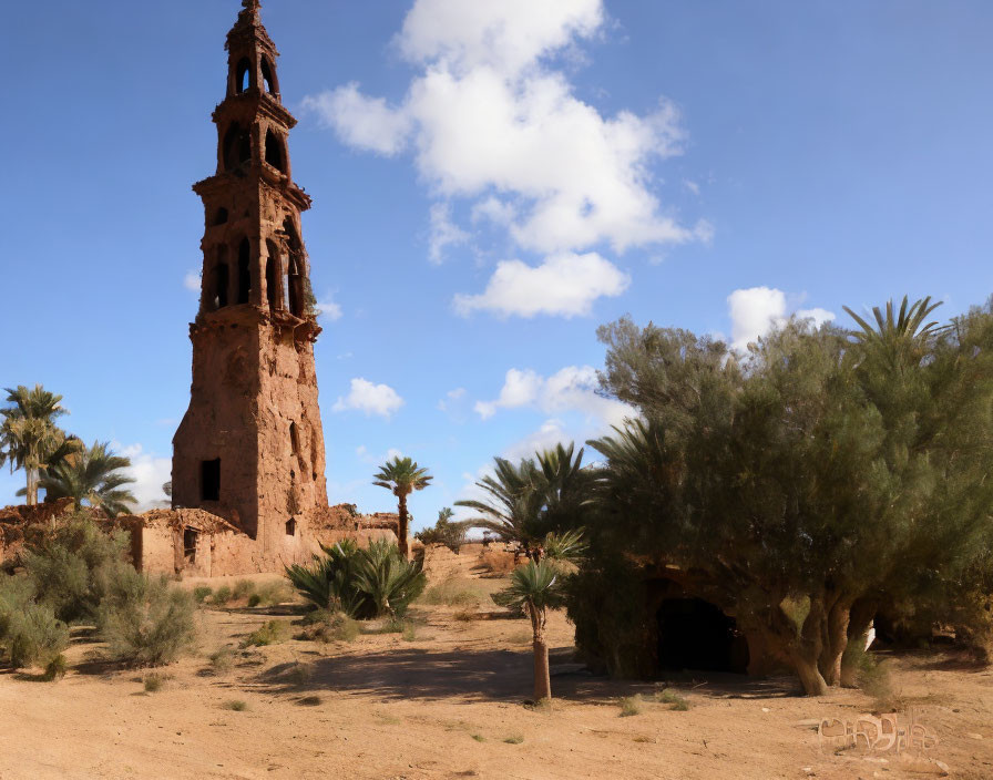 Crumbling Brick Minaret Among Palm Trees and Blue Sky