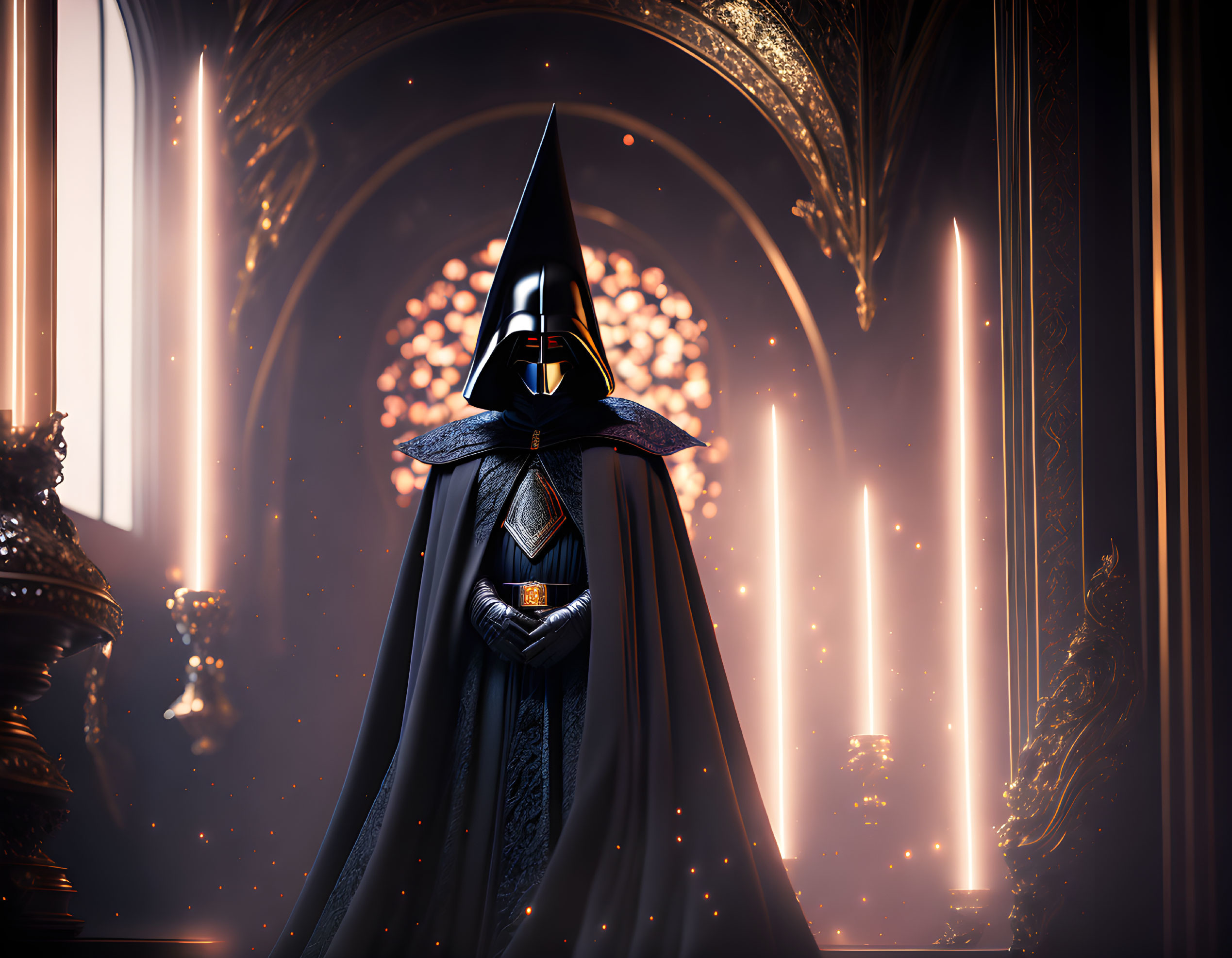 Cloaked Figure with Pointed Mask in Ornate Dimly Lit Room