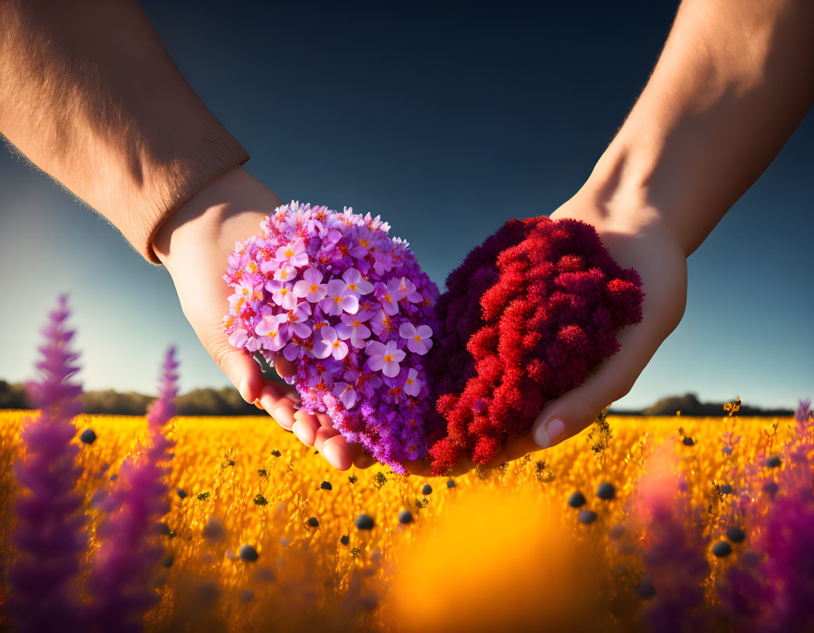 Hands holding heart-shaped flower arrangement on field background