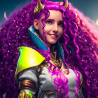 Fantasy character with purple hair, horns, gentle smile, gold-accented armor