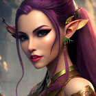 Fantasy digital art: Elegant elf female with purple hair and gold jewelry