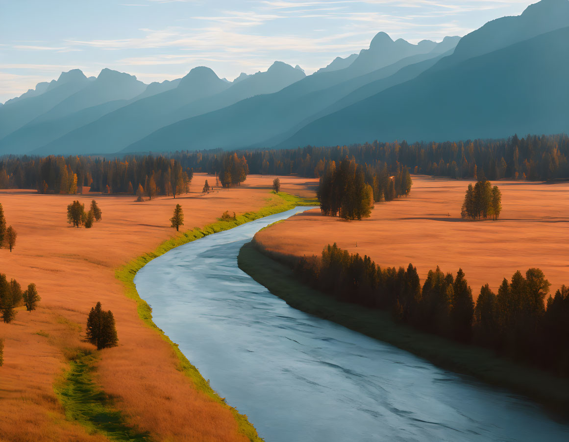 Scenic river flowing through golden meadow and mountain peaks