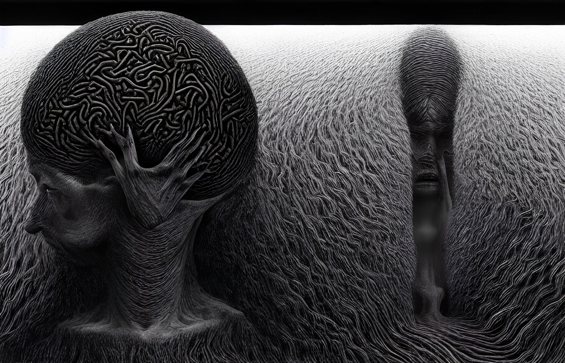 Surreal Artwork: Two Figures with Maze-like Heads in Textured Landscape