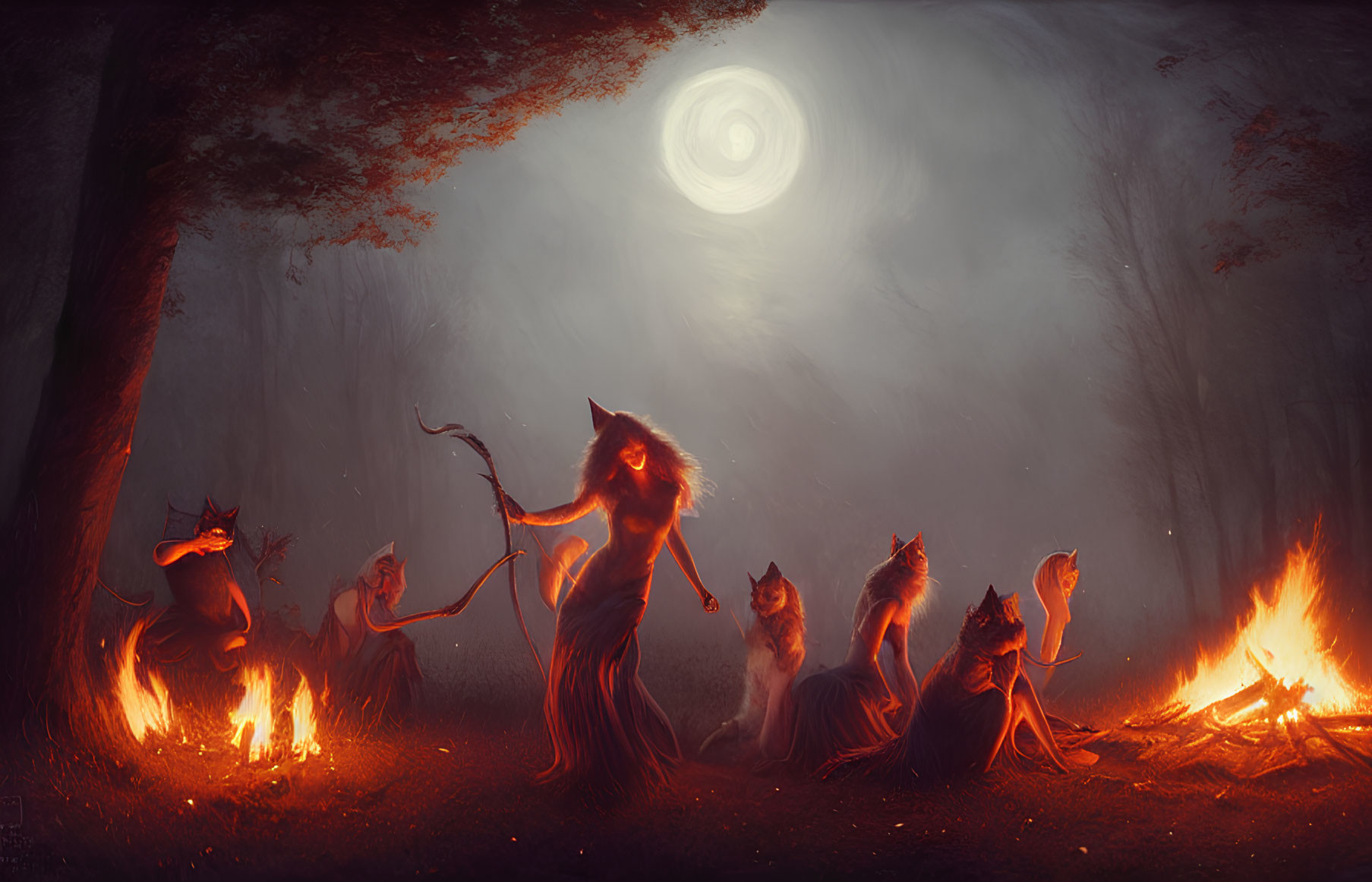 Anthropomorphic felines in nocturnal ritual under swirling night sky