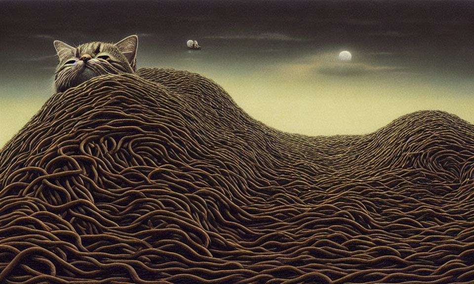 Cat blending with hills under dusky sky with two moons