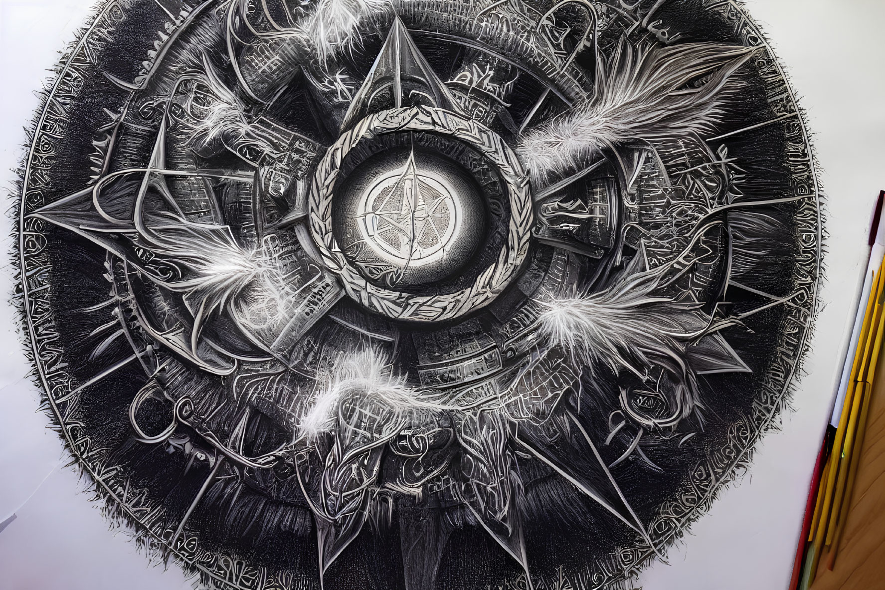 Monochrome circular artwork featuring detailed pentagram, feathers, patterns, and mystical symbols