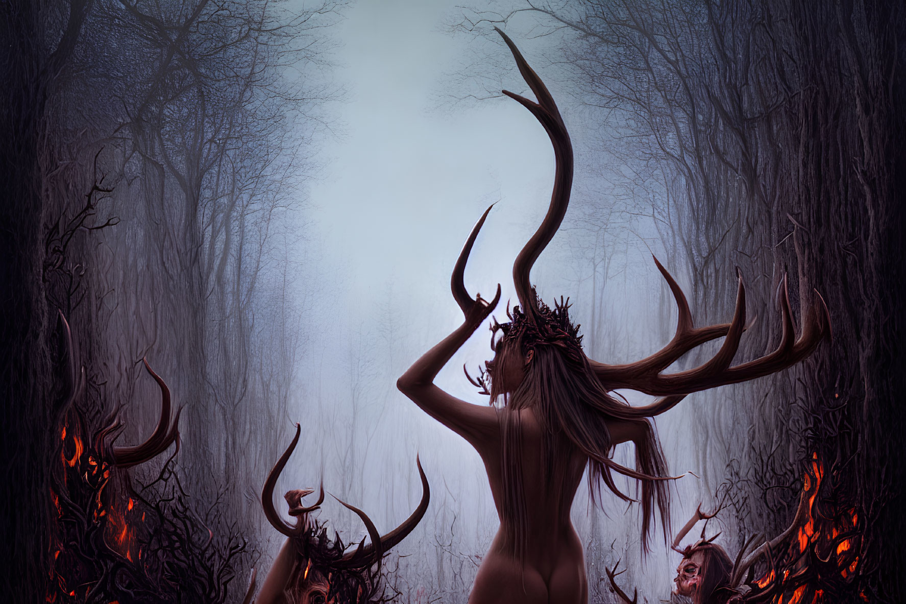 Mystical forest with antlered figure, fiery-eyed creatures