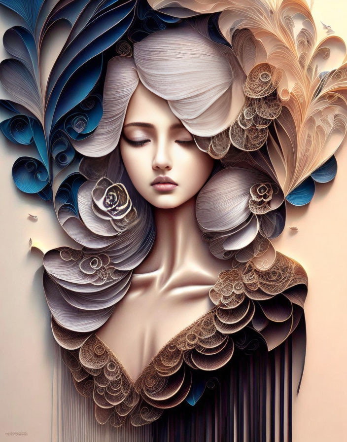 Symmetrical digital artwork of woman with elaborate feather and floral hairdo