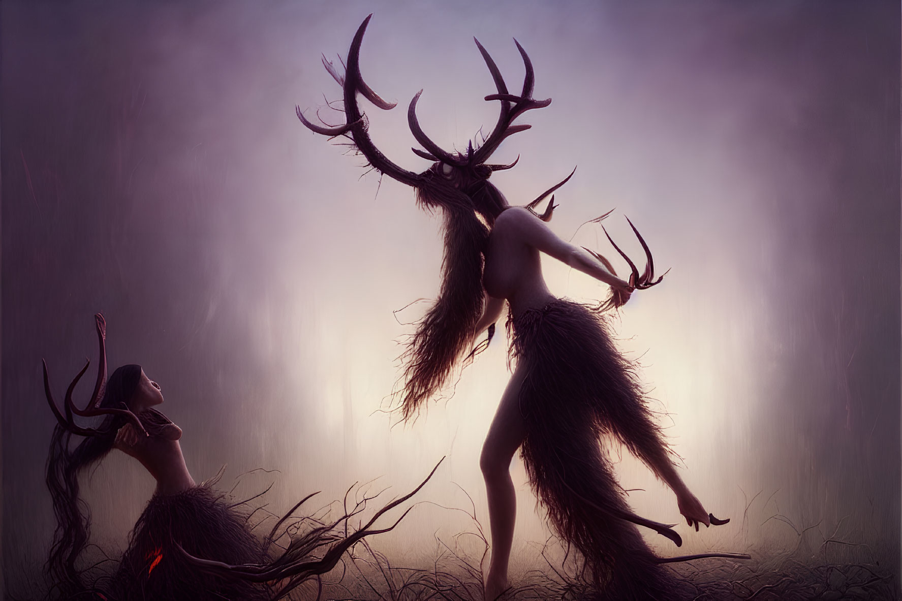 Mystical forest scene with ethereal creatures and flowing hair