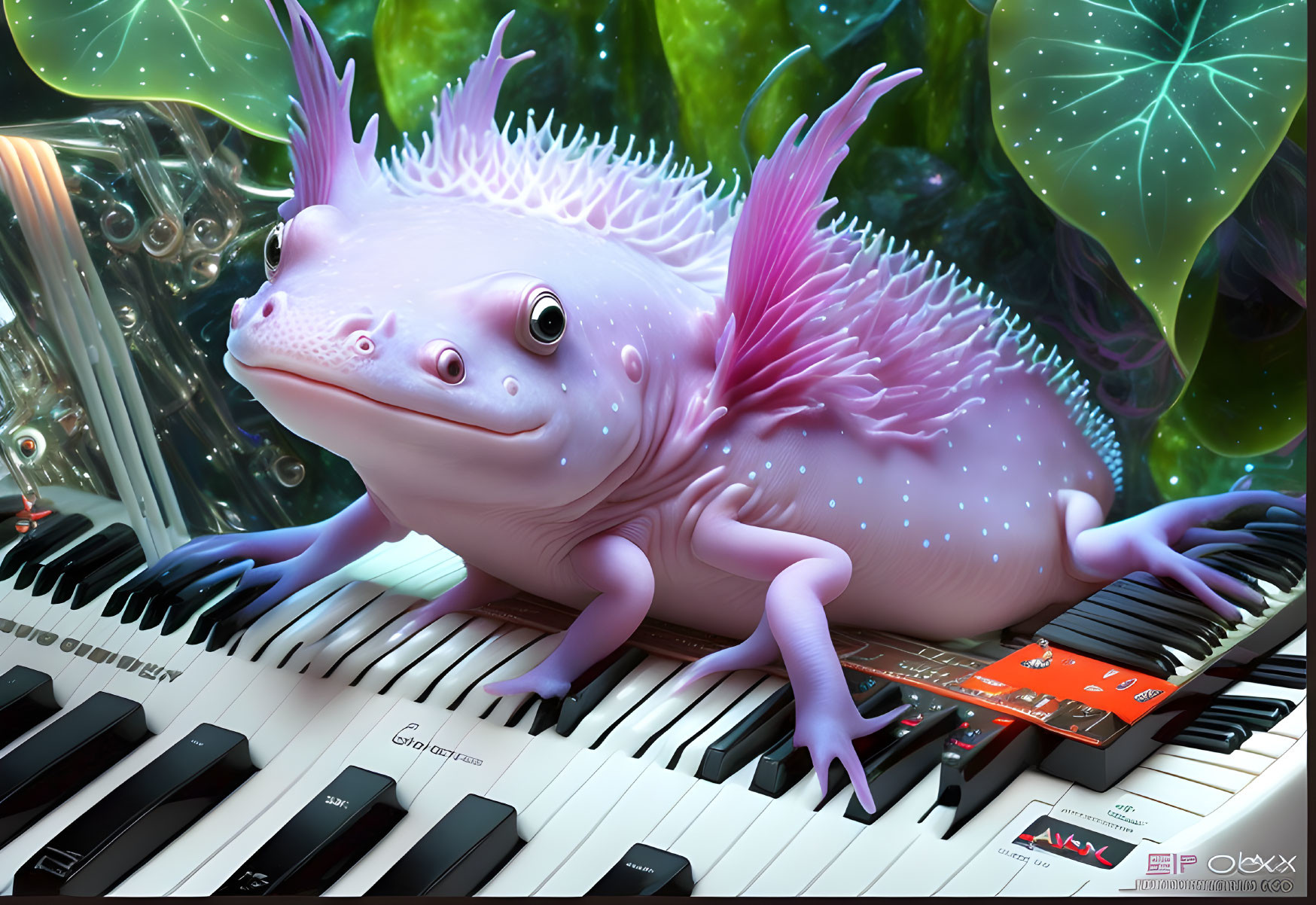 Smiling axolotl on piano keyboard with ethereal backdrop