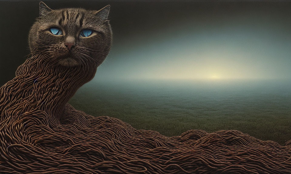 Surrealist image: Large cat with blue eyes blending into tree root texture