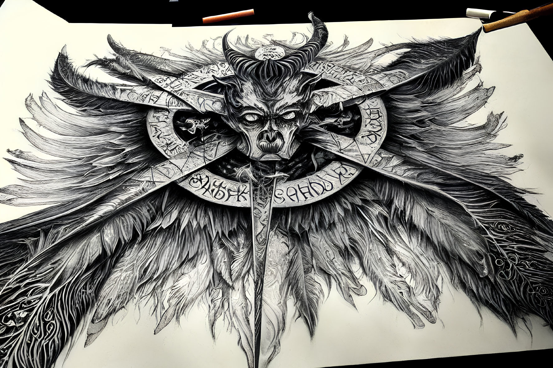 Detailed Black and White Drawing of Mythical Creature with Horns, Feathered Wings, and Armor on