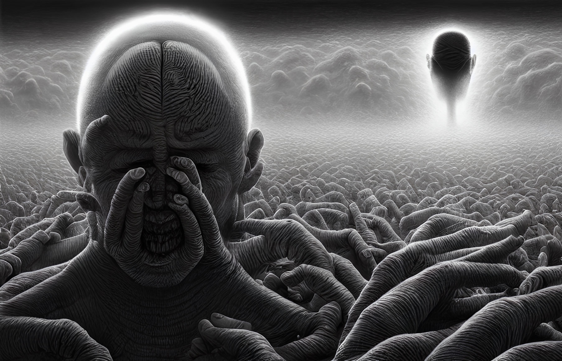 Surreal black and white artwork of face with hands over eyes in sea of figures