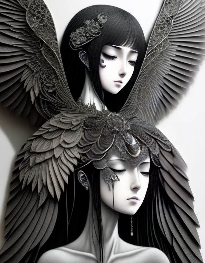 Monochromatic female figure with feathered wings and intricate hair accessories