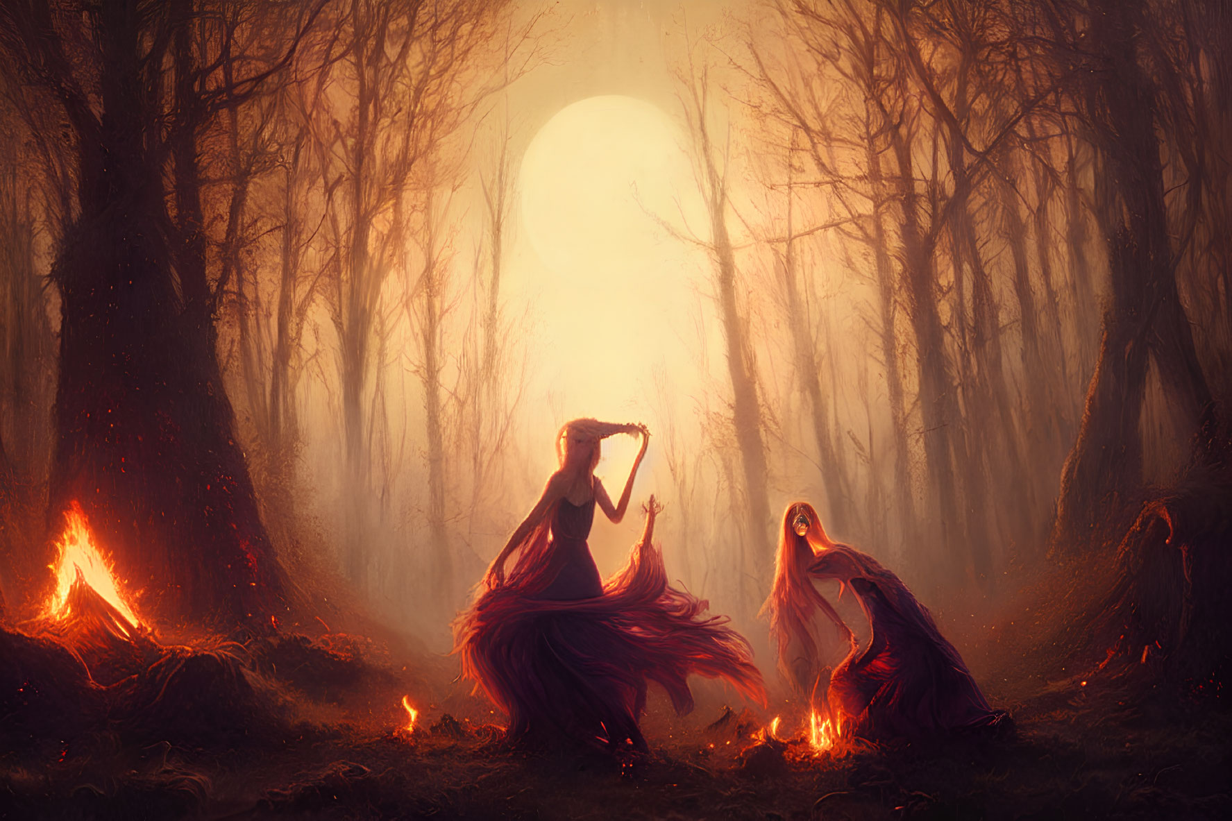 Mystical forest ritual with figures in red cloaks