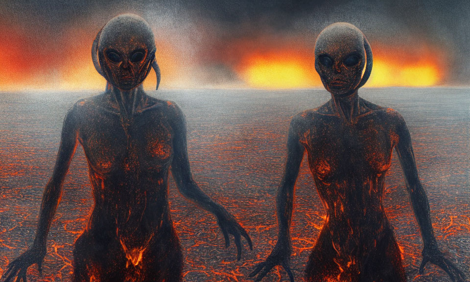 Alien humanoid figures with large eyes amid fiery explosions