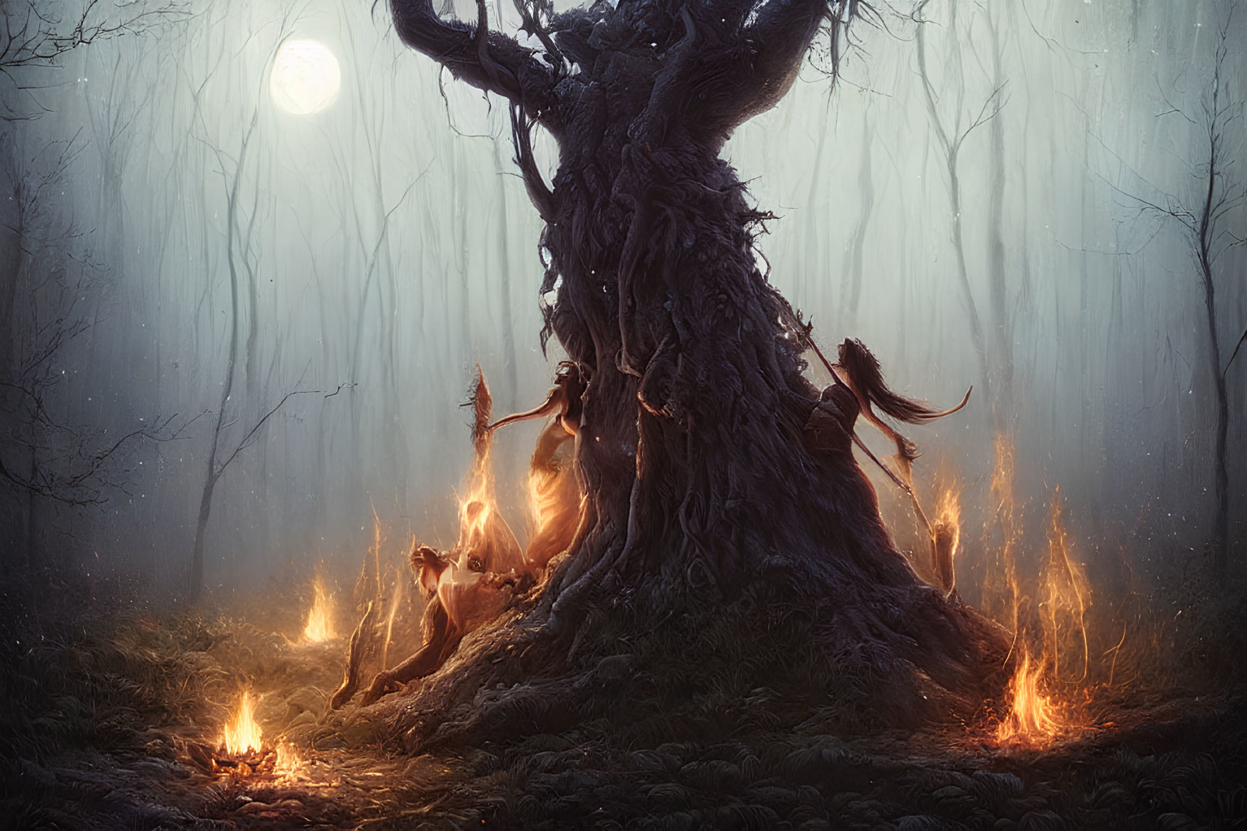 Ethereal fantasy scene: gnarled tree, mystical creatures, full moon in misty forest