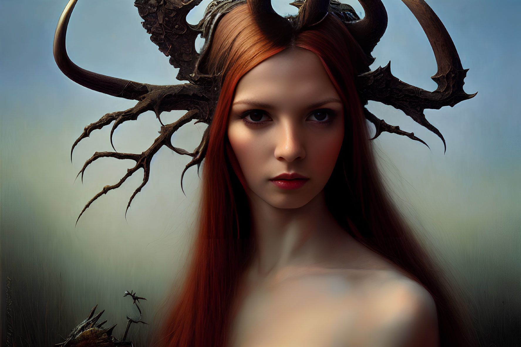 Portrait of a Woman with Red Hair and Antlers on Blue-Grey Background