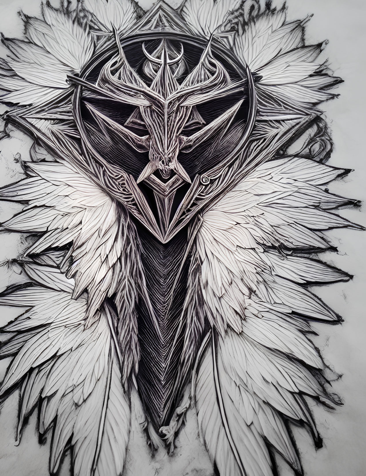 Detailed black and white abstract bird drawing with intricate symmetrical design