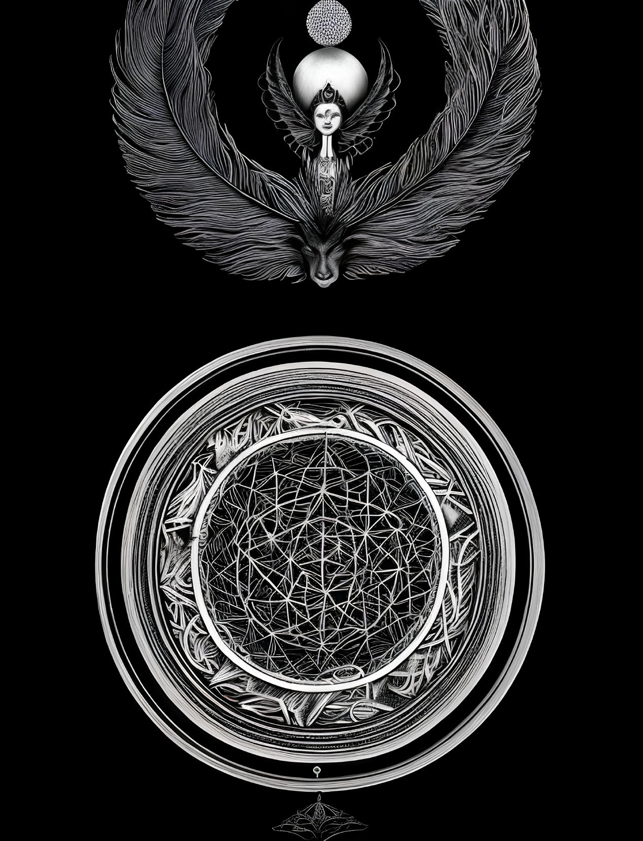 Detailed black-and-white mandala art with winged figure and esoteric symbols