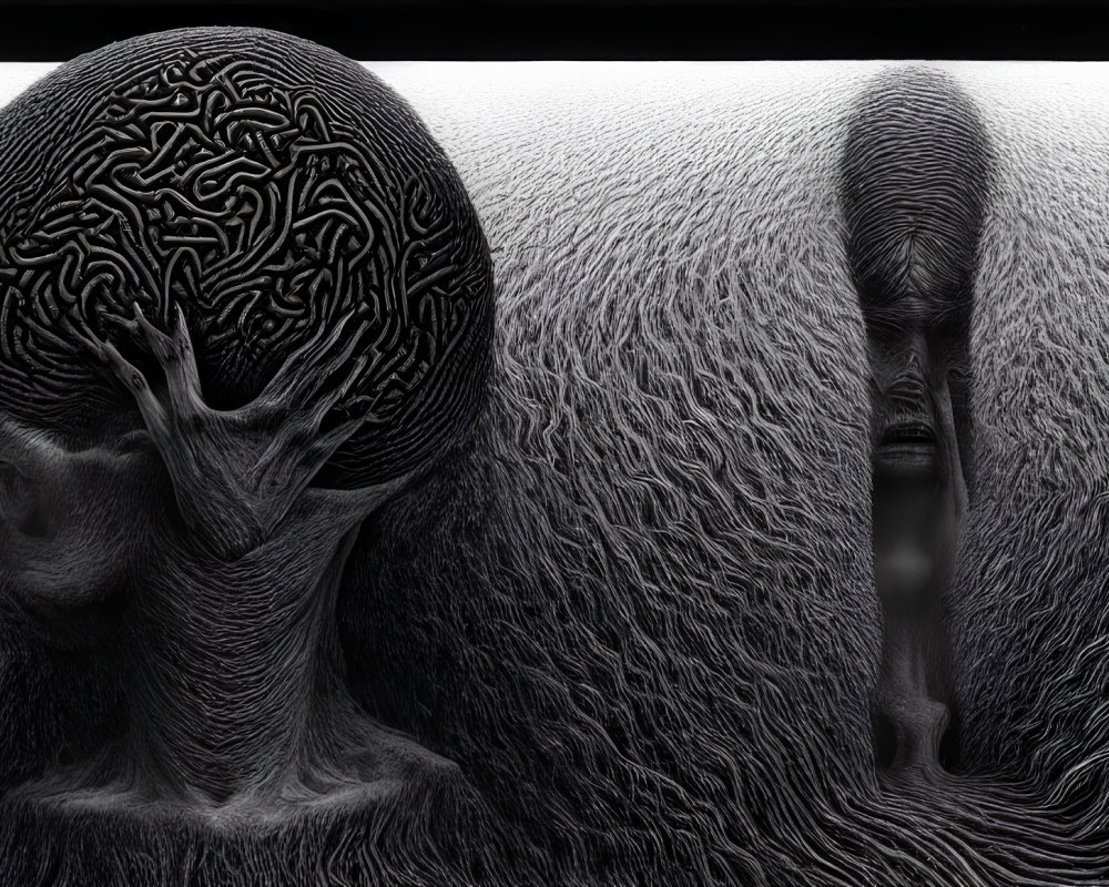 Surreal Artwork: Two Figures with Maze-like Heads in Textured Landscape