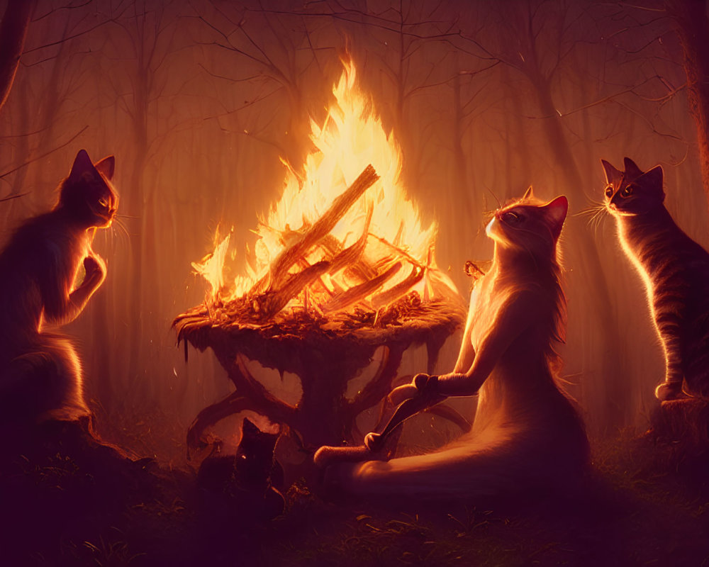 Four Cats Around Blazing Fire in Mystical Forest