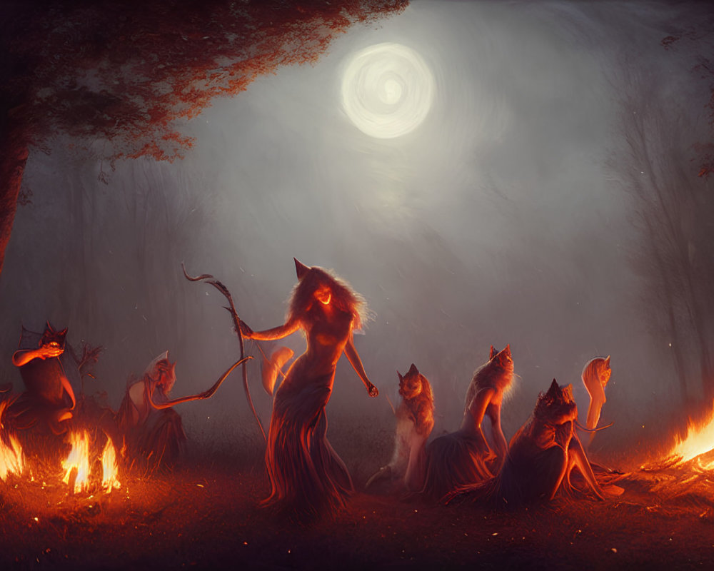 Anthropomorphic felines in nocturnal ritual under swirling night sky