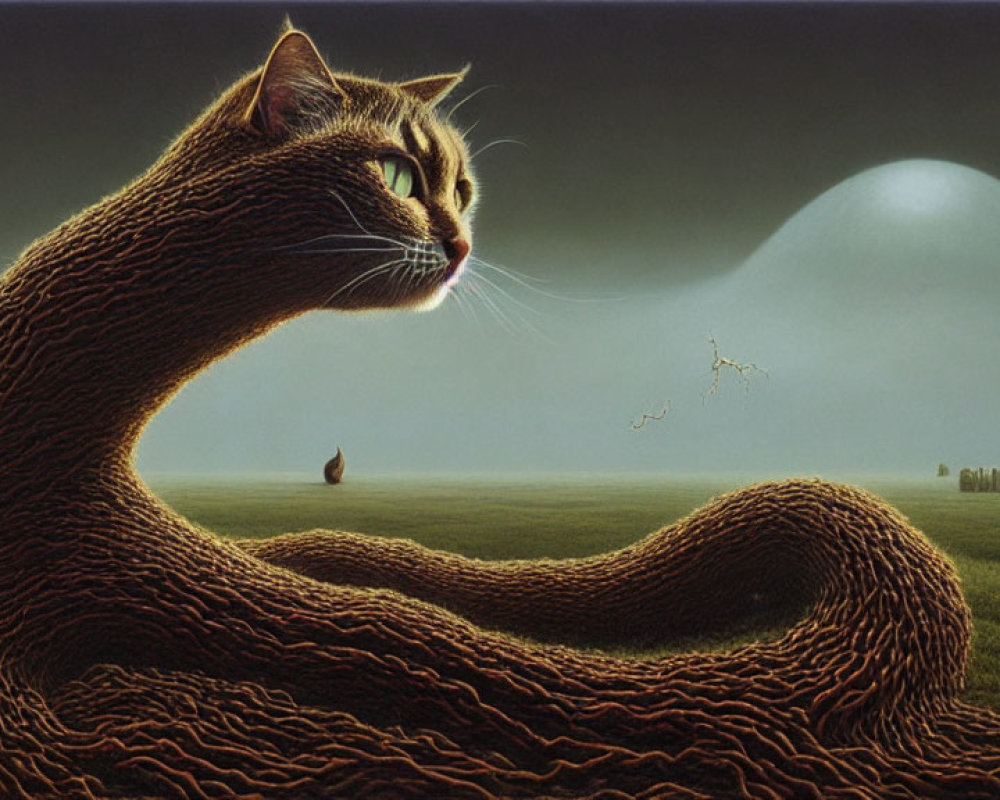 Gigantic textured cat in surreal landscape with flying ship and moon