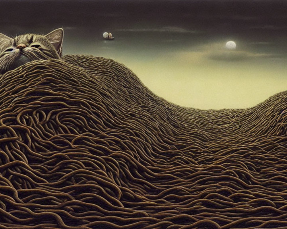 Cat blending with hills under dusky sky with two moons
