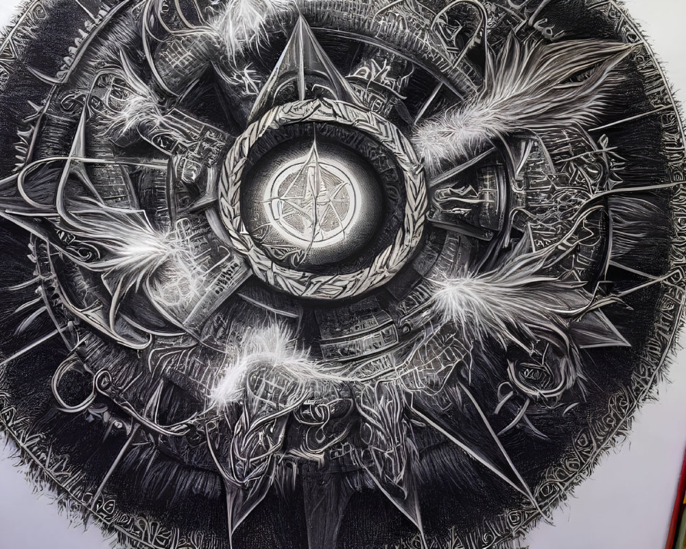 Monochrome circular artwork featuring detailed pentagram, feathers, patterns, and mystical symbols