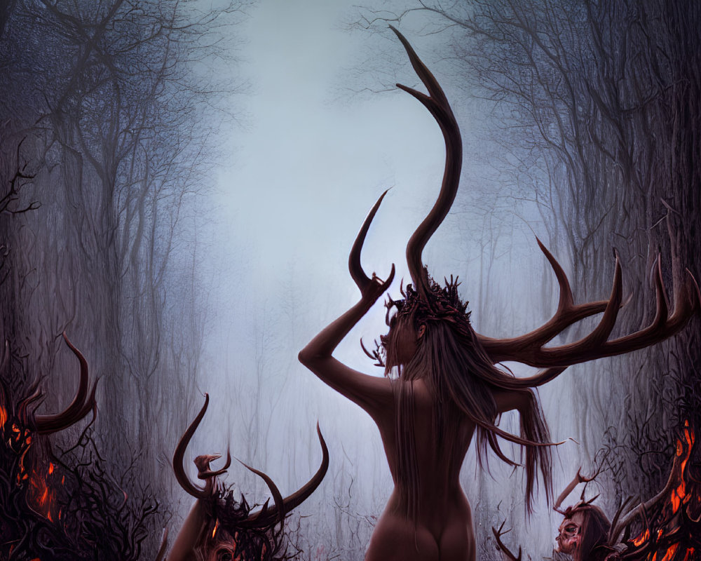 Mystical forest with antlered figure, fiery-eyed creatures